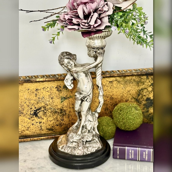 Vintage Silverplate Cherub Putti Angel Candle Holder 13" Baroque Candlestick