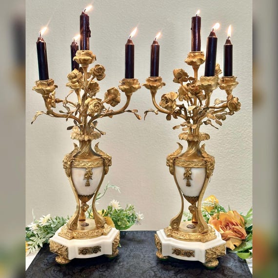 Candelabras Antique Louis XVI Styled Bronze / French 19th Century Gilded Bronze and  Marble Candelabras / Pair Louis XVI Bronze Candleabras