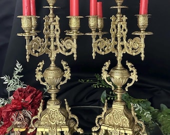 Brass Candelabra Pair Baroque Styled 5 Light Vintage Italian Candle Holders