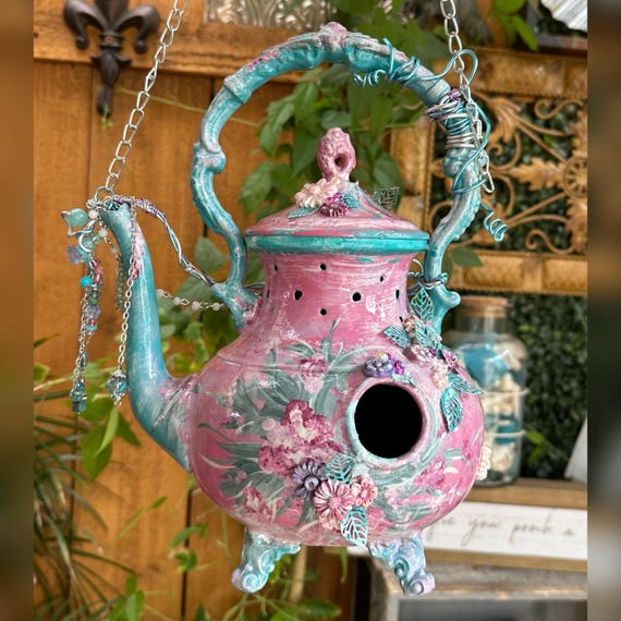 Vintage Tea Pot Bird House / Hand Painted BoHo Hanging Bird House / Hand Crafted Blue & Pink Bird House / Hanging Vintage Tea Pot Bird House
