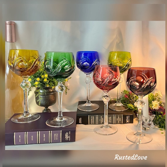 Bohemian Cut to Clear Wine Glasses / Bohemian Styled Large Wine Goblets / Large Bohemian Wine Glasses / Set Colored Wine Glasses - 6