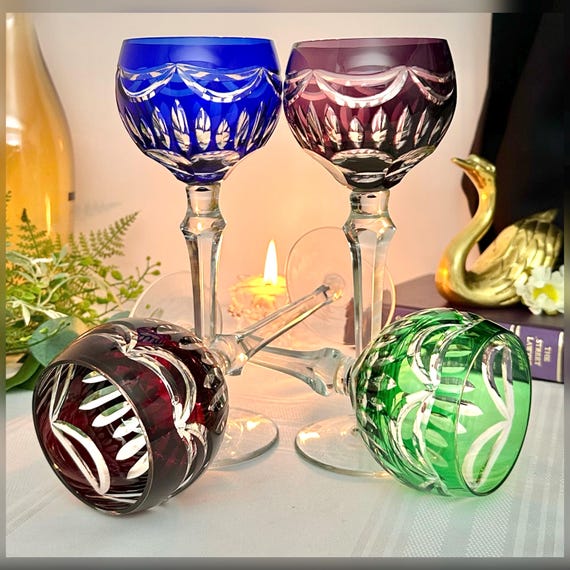 Fifth Ave Princess Colored Hock Wine Glasses / Cut to Clear Bohemian Styled Wine Goblets / Princess House Bohemian Styled Wine Goblets