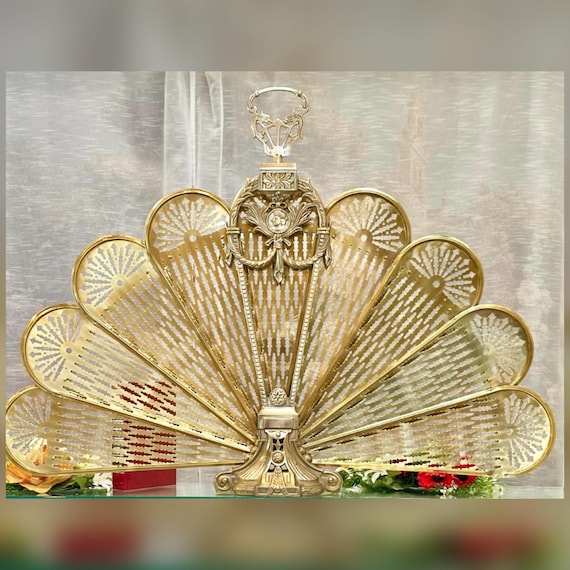 Folding Fireplace Screen / Vintage Brass Peacock Cameo Fan / Victorian Styled Brass Fireplace Screen / Cameo Peacock Folding Fireplace Fan