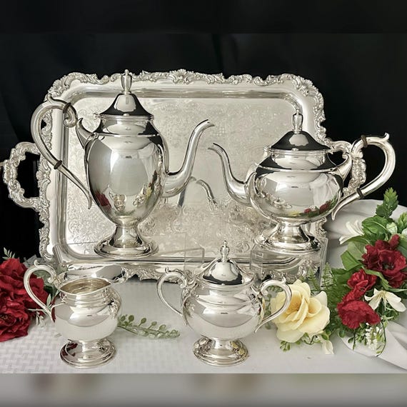 Sterling Silver Tea & Coffee Set / Vintage Sterling Victorian Styled Tea Set / Sterling Tea and Coffee Set / Silver Plated Tea Service Tray