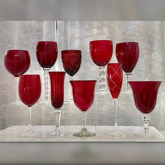 Ruby Red Wine Glasses / Vintage Red Water Glasses / Wine Glasses Mixed Ruby Red / Various Red Glasses - Sizes and Makers - 10 Pc