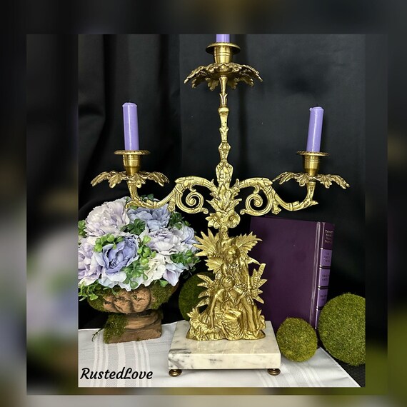 Antique Victorian Girandole Candlestick / 1890's Figurine Brass Victorian Girandole / Brass Antique Candle Holder / Antique Brass Girandole