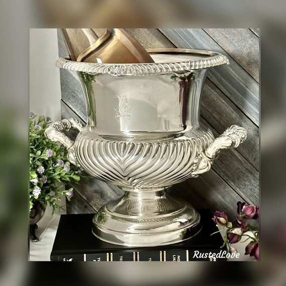 Antique Georgian Sheffield Plate Wine Cooler / Champagne Bucket Etched Crest / Antique Silverplated Urn / 19th Century Sheffield  Silver Urn