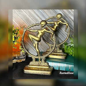 Vintage Bookends / Art Deco Dancing Ladies / Solid Bronze / Antique Brass / RARE Bookends / Collectible Brass / Gold Shelf Decor / Book Ends