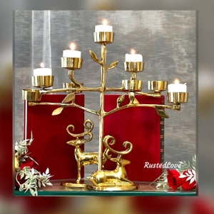 Christmas Candle Holder / Brass Reindeer Candle Holder / Reindeer Holiday Tea Light Candle Holder / Christmas Tree Candle Centerpiece