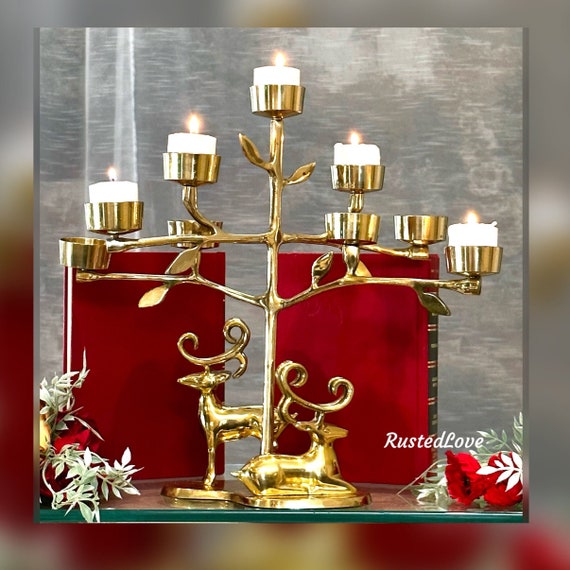 Christmas Candle Holder / Brass Reindeer Candle Holder / Reindeer Holiday Tea Light Candle Holder / Christmas Tree Candle Centerpiece