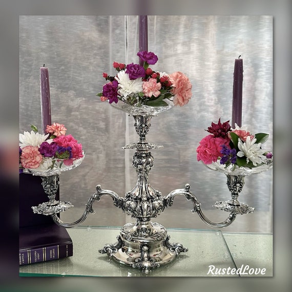 Reed and Barton Epergene Candelabra / Silver Plated Candle Holder / Reed and Barton #165 Epergene / Silver Plated Epergene with Glass Liners
