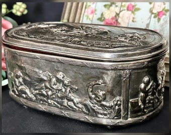 Antique Art Nouveau Cherub Jewelry Casket Velvet Lined Trinket Box