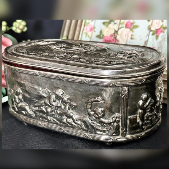 Antique Art Nouveau Cherub Jewelry Casket Velvet Lined Trinket Box