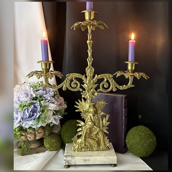Antique Victorian Brass Girandole Candelabra Rococo Mantel Candlestick