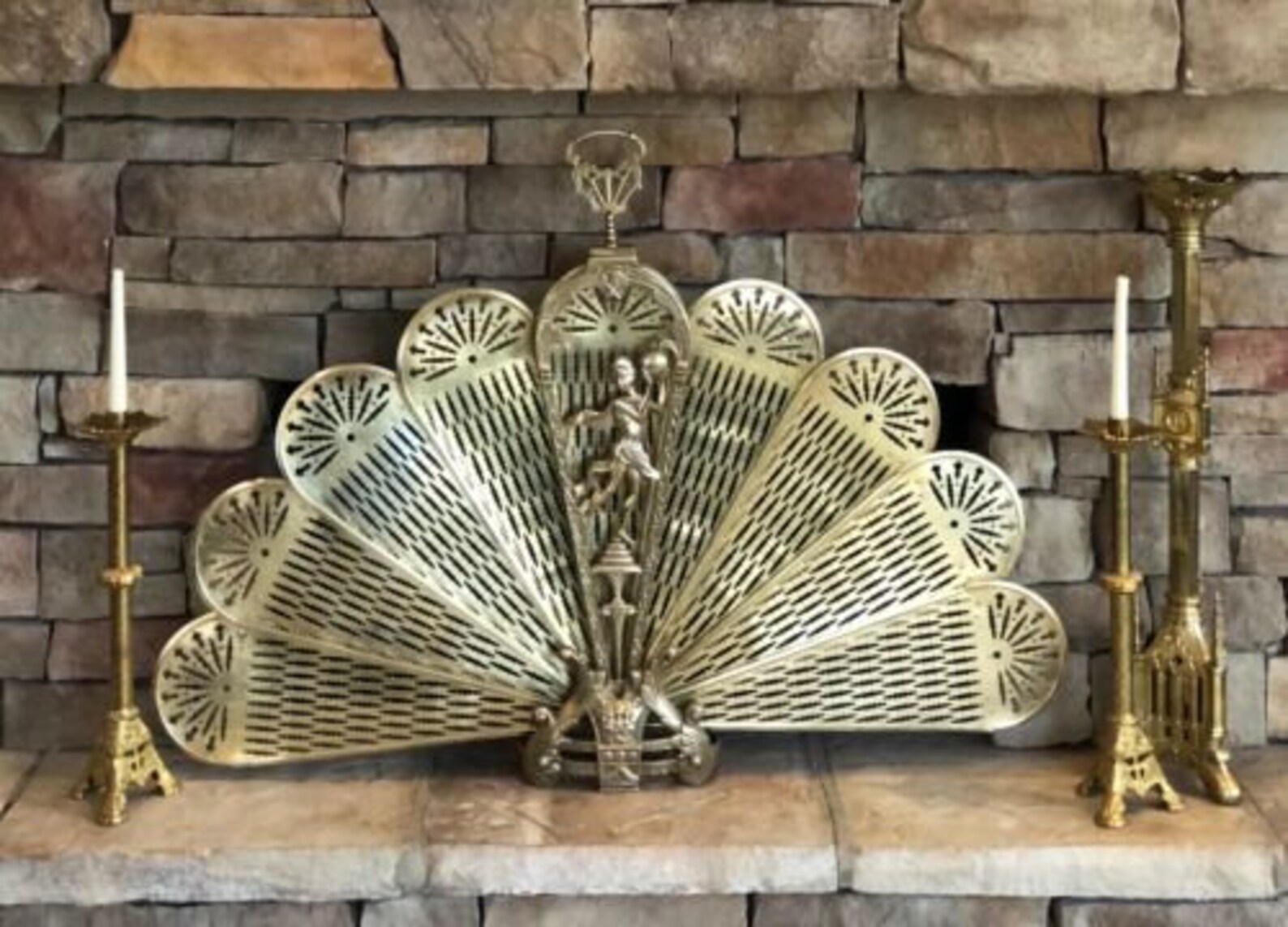 XL Vintage Art DECO Fireplace screen Brass Ornate Peacock Fan Etsy