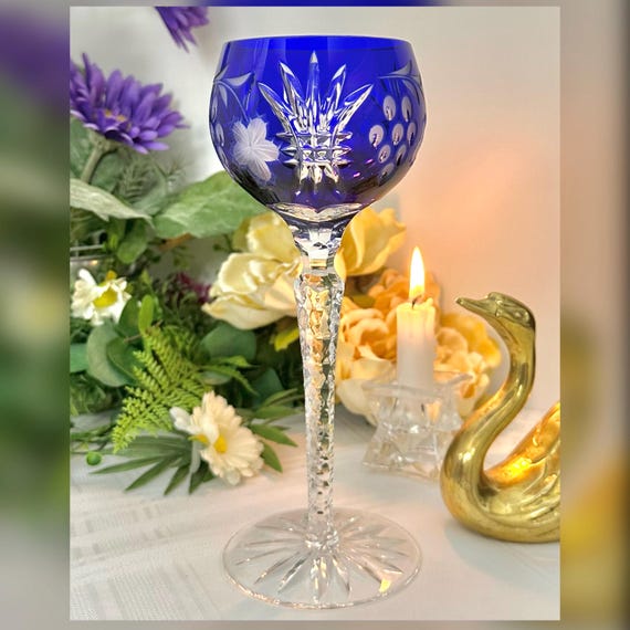 Bohemian Cut to Clear Cobalt Blue Crystal Hock Wine Glass Hungary