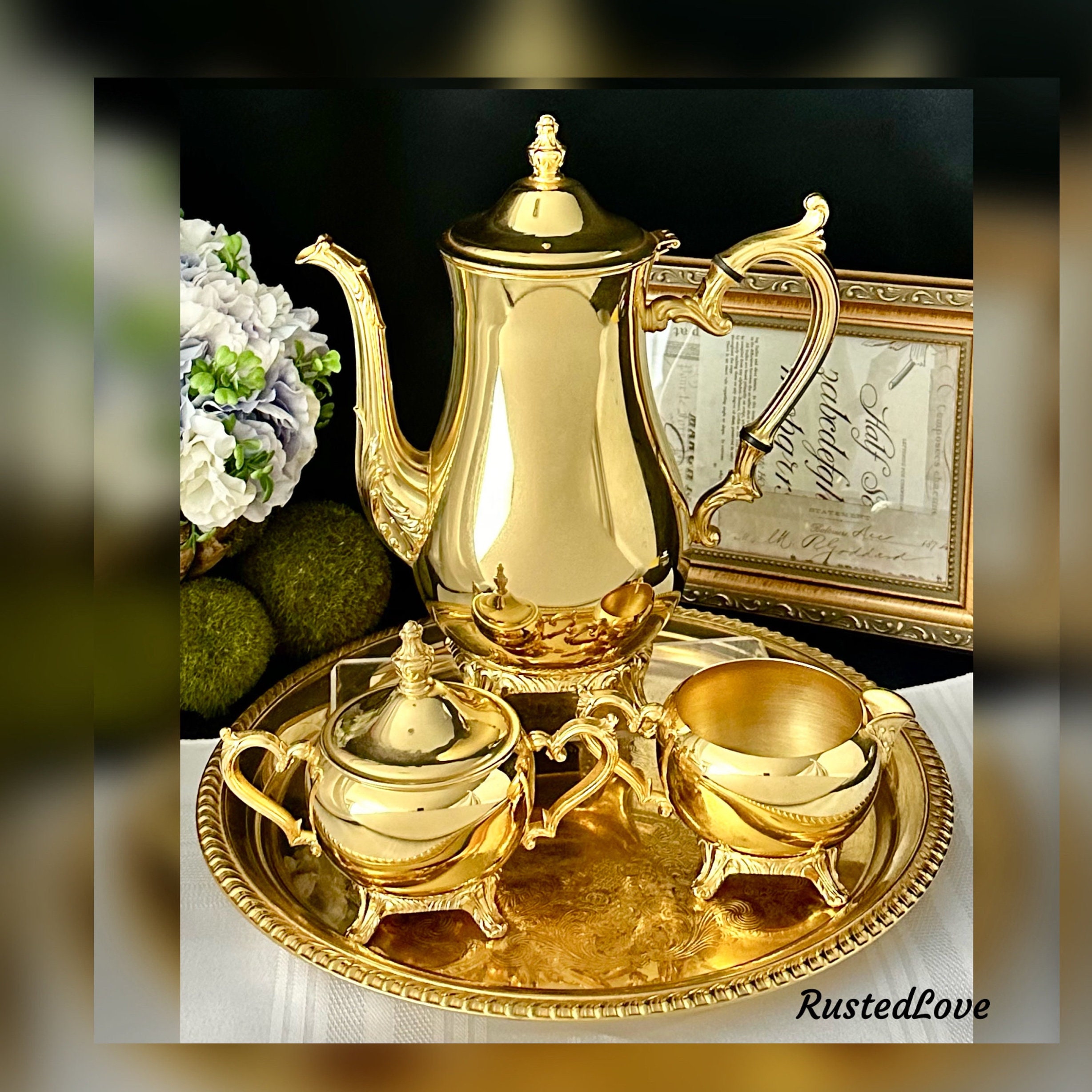 Gold 24K Electroplated Tea Set International Silver 4 Pc Gold Tea Set Electroplated Gold Tea Set Vintage 24K Gold Tea Set With Tray Etsy