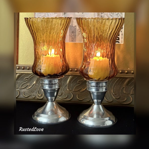 Sterling Silver Candle Holders / Sterling Silver Duchin Candlesticks / Glass Amber Hurricane Shades / Vintage Duchin Silver Candle Holders