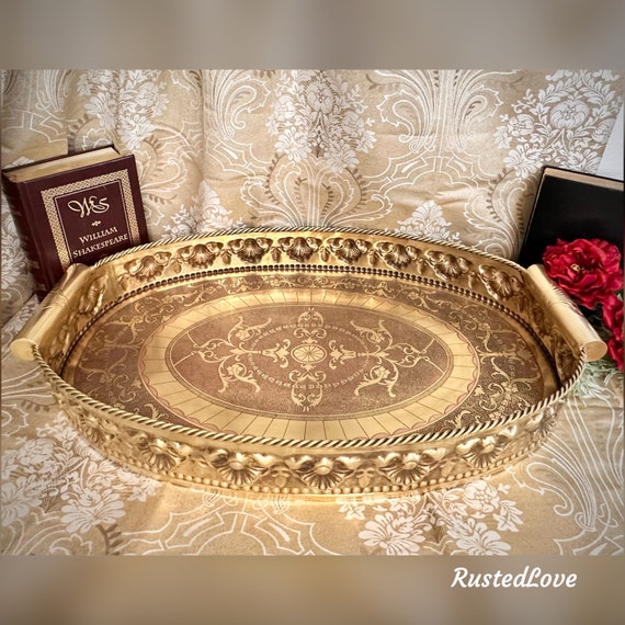 Brass Tray / Castilian Imports Etched Brass Tray / Vintage Solid