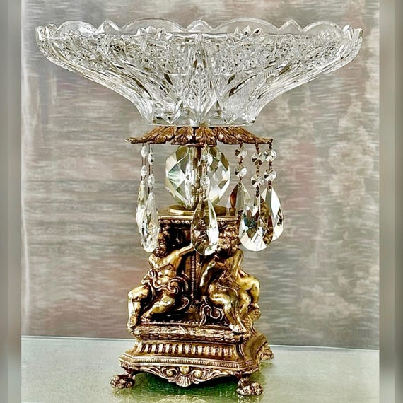 Vintage Hollywood Regency Crystal Bowl, Cherub Gold Centerpiece