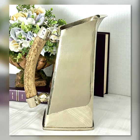 Beverage Pitcher Alpaca Silver with Horn Handle / Hand Crafted Horn Handled Pitcher / Cold Drink Barware Pitcher / MCM Alpaca Styled Pitcher