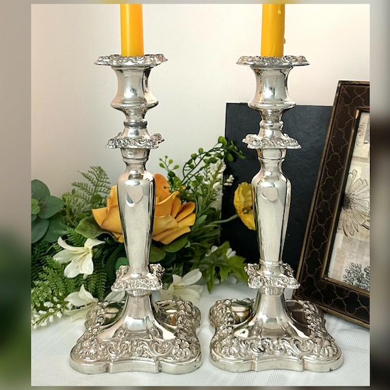 Antique Silver Plated Candle Holders, Baroque Rococo Style Pair