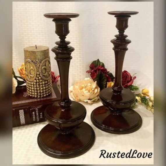 Antique Wood Candlesticks Hand Turned Pair Taper Candle Etsy