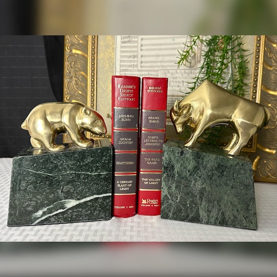 Book Ends Bull & Bear Stock Market / Brass Bull and Bear Book Ends / MCM Brass Wall Street Bookends / Vintage Wall Street Bookends