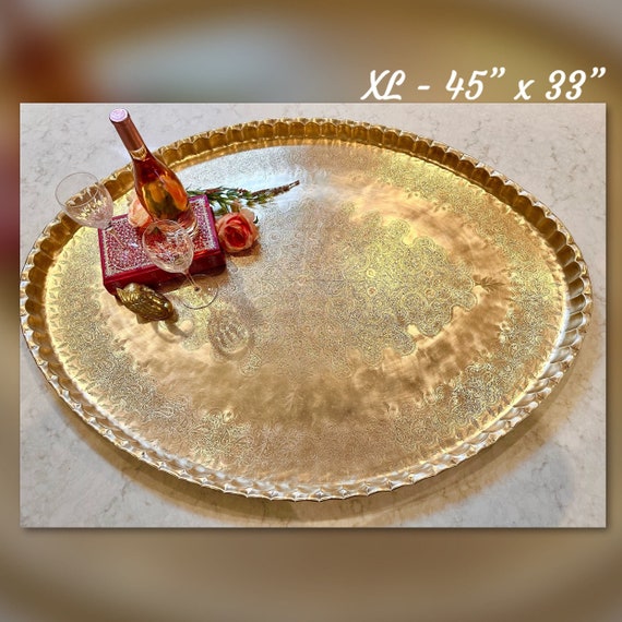 Moroccan Solid Brass Etched Tray / Brass Table Top / Brass Vintage Scalloped Rim Tray/ Polished Brass Tray / Oval Tray  / Brass Coffee Table