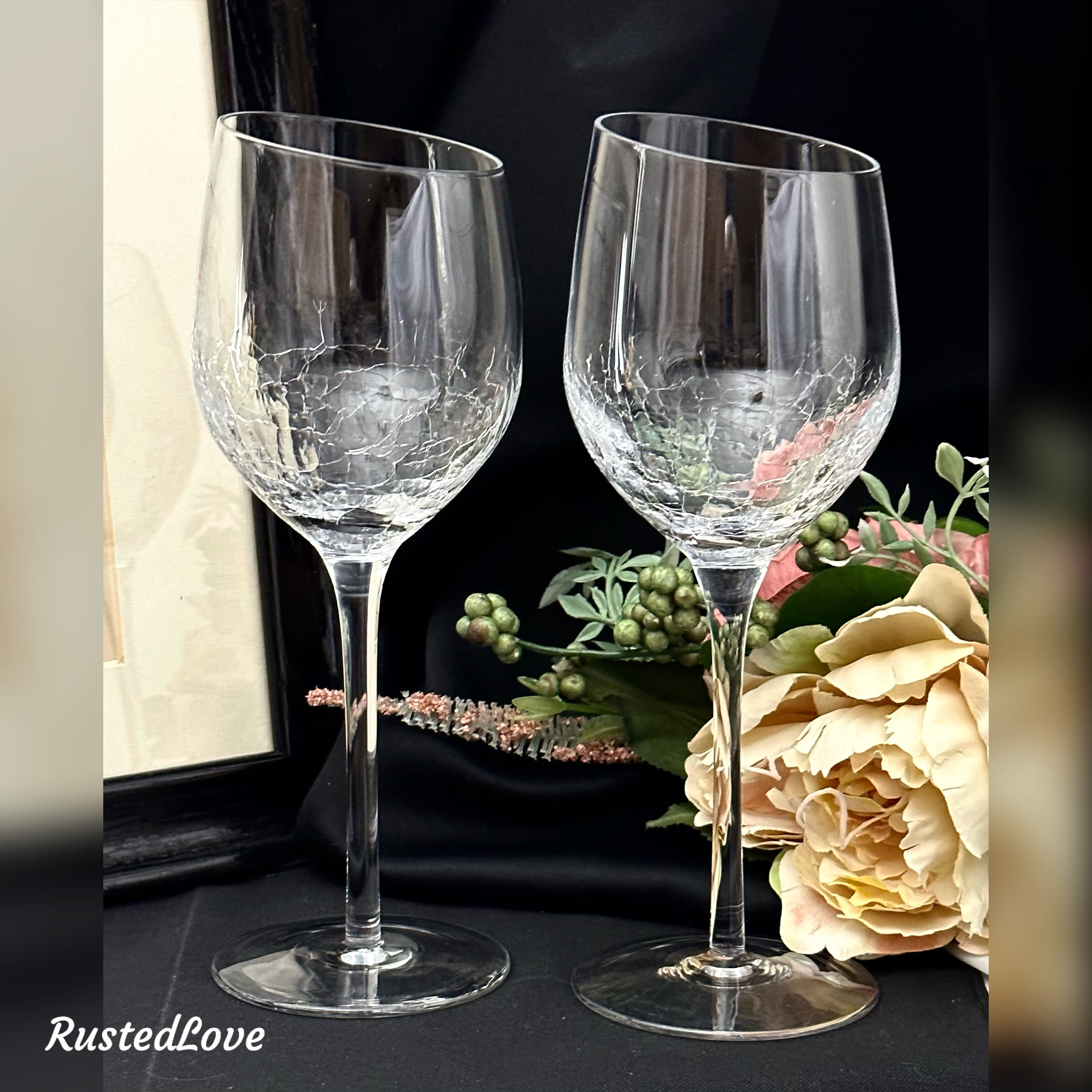 3) Pier 1 Crystal Crackle Wine Glasses, 2 Red Wine, 1 White Wine