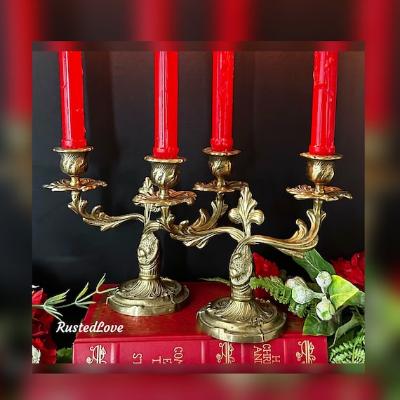 Italian Brass Candelabras / Vintage Double Taper Holders / Candle stick holders /  Brass table centerpiece /  Pair Floral Candelabras