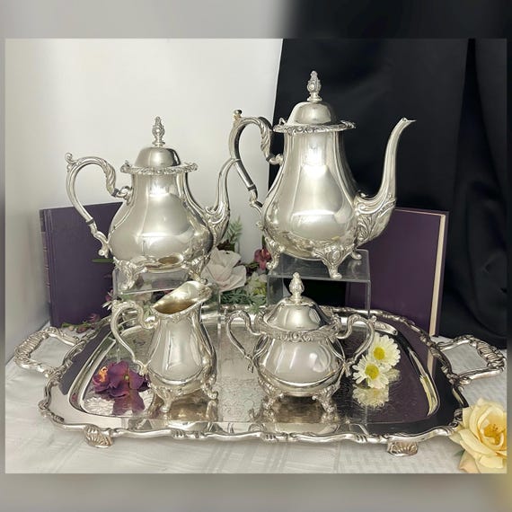 Vintage Silver Plated Tea Set / Rochelle Rogers Brothers Tea and Coffee Service Set / Tea Set with Service with  Oneida Tray - 5 piece Set