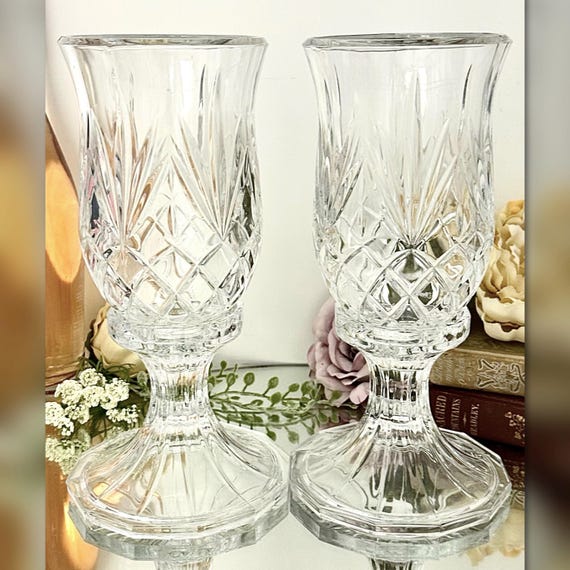 Pair Glass Hurricane Candle Holders 10.5” Vintage Centerpiece