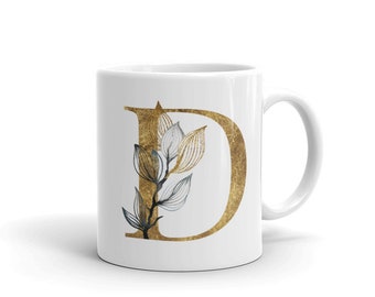 Golden Floral Monogram Lettre D Mug, Tasses de café uniques, tasse de café de nouveauté, idée de cadeau