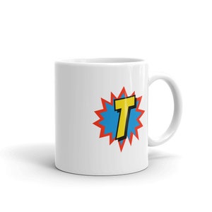 Comic Mug Superhero Gift Letter T | Coffee Mug, Travel Mug, Funny Quote Mugs,Birthday Gift For Men & Women, Monogram Mug