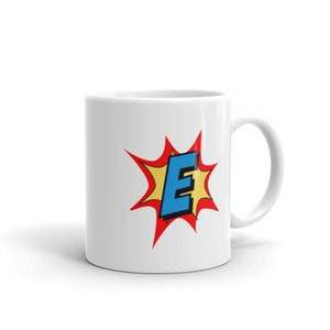 Cómic taza superhéroe regalo carta E / taza de café, taza de viaje, tazas de cita divertidas, regalo de cumpleaños para hombres y mujeres, taza de monograma