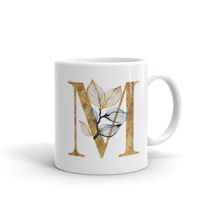 Golden Floral Monogram Letter M Mug, Unique Coffee Mugs, Novelty Coffee Cup, Gift Idea