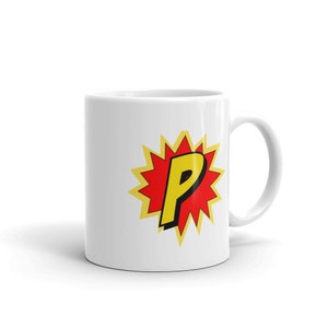 Comic Mug Superhero Gift Letter P | Coffee Mug, Travel Mug, Funny Quote Mugs,Birthday Gift For Men & Women, Monogram Mug