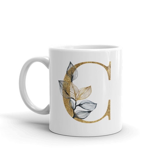 Personalised Letter C Floral Mug - Custom Name Gold Print Ceramic Coffee Cup, 11oz Black - View #2