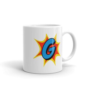 Cómic taza superhéroe regalo carta G / taza de café, taza de viaje, tazas de cita divertidas, regalo de cumpleaños para hombres y mujeres, taza de monograma