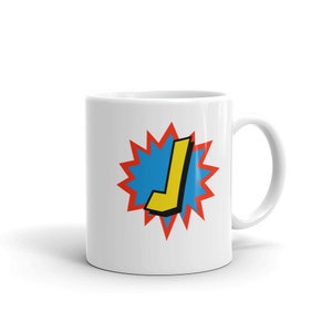 Cómic taza superhéroe regalo carta J / taza de café, taza de viaje, tazas de cita divertida, regalo de cumpleaños para hombres y mujeres, taza de monograma