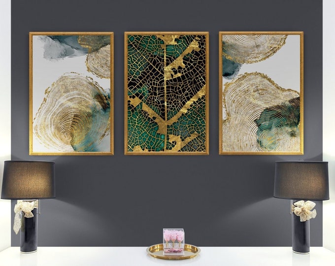 Framed Gold Nature Wall Art Decor, Art Deco Print on Wood, Elegant Wooden Home Decoration Gift For Couples Abstract Interior Design Idea