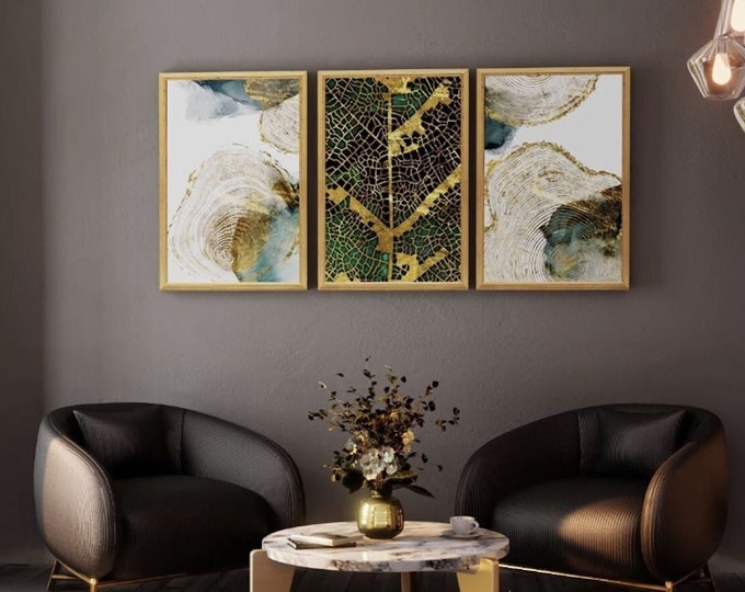 Nature Style Framed Wood Wall Art Decor, Green Gold  Print on Wood, Wooden Home Decoration Gift For Couples Gold Tree Interior Design Idea