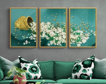Daisies and Butterflies Wall Art Framed Wall Decor Floral Art Deco Print on Wood Green White Elegant Wooden Home Decoration Gift For Couples