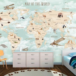 Nursery  and Child Room Wallpaper  World Map  Wall Mural Child Room Decoration (CR64)