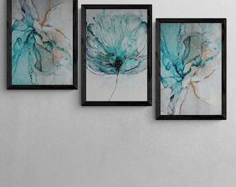 Floral Wall Art Framed Wall Decor, Nature Style Print on Wood, Elegant Wooden Home Decoration Gift For Couples Teal Flowers Interior Design