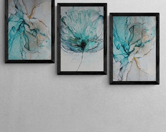 Green Marbled Style Wall Art Framed Wall Decor, Art Deco Print on Wood, Wooden Home Decoration Gift For Couples Floral Interior Design Idea