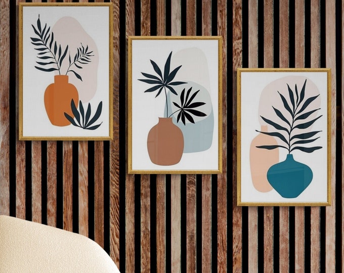 Minimalist Floral Wall Art, Framed Wall Decor, Flowers in Vase Print on Wood, Elegant Wooden Home Decoration Gift For Woman Interior Design