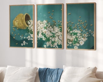 Framed Wood Wall Art Wall Decor Floral Abstract Butterflies Art Deco Print on Wooden, Green White  Home Decoration Gift For Couples