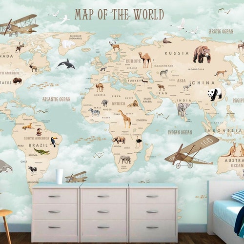 Kids World Map Wall Mural Children Room Removable Wallpaper Etsy